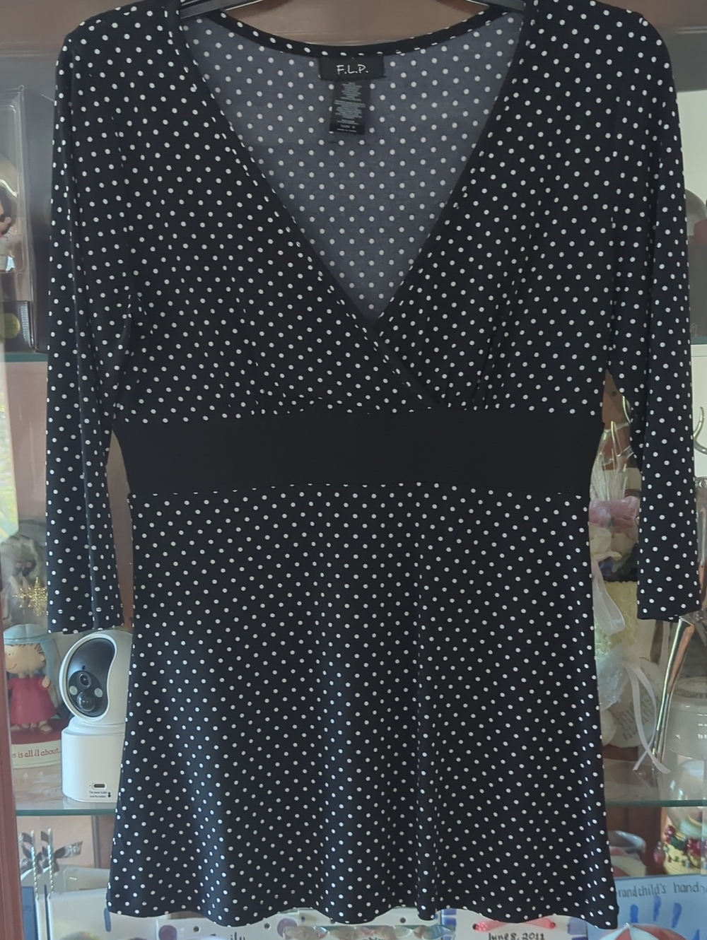 Black Polka Dot Long-Sleeve V-Neck Top